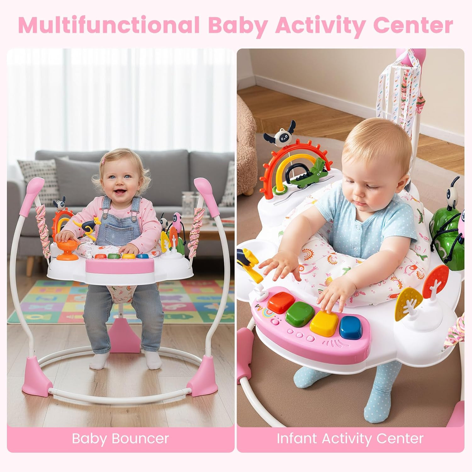 Baby Activity Center Jumper with Music, Light, Interactive Toys, 360°Rotating Se