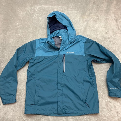 Columbia Men’s Pouration Rain Jacket Teal Size Large Hooded Packable Waterproof
