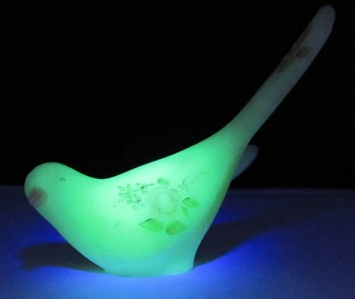 Fenton Vaseline Uranium Custard Longtail Floral Bird Signed Bird of Happiness