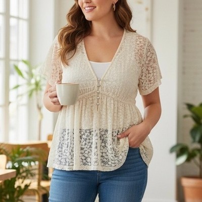 Avenue 18/20 Ivory Lace Peplum Top Empire Waist Cottagecore Blouse