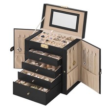 Jewelry Box 5 Tier Large Organizer PU Leather Black Flocking Fabric Jewelry Box