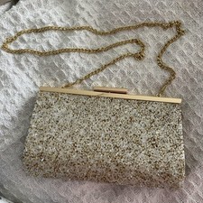 Nina Winslet Gold/White Clutch Formal Accessory Prom Wedding Lift Lock closure