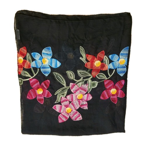 2 Chic Black Scarf Shaw Wrap Embroidered Flowers Colorful 32 X 75 - Picture 2 of 7