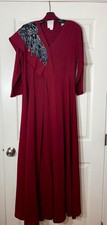 Red Beaded Accent Long Gown V-Neck 3/4 Sleeve Pullover Women's Dress