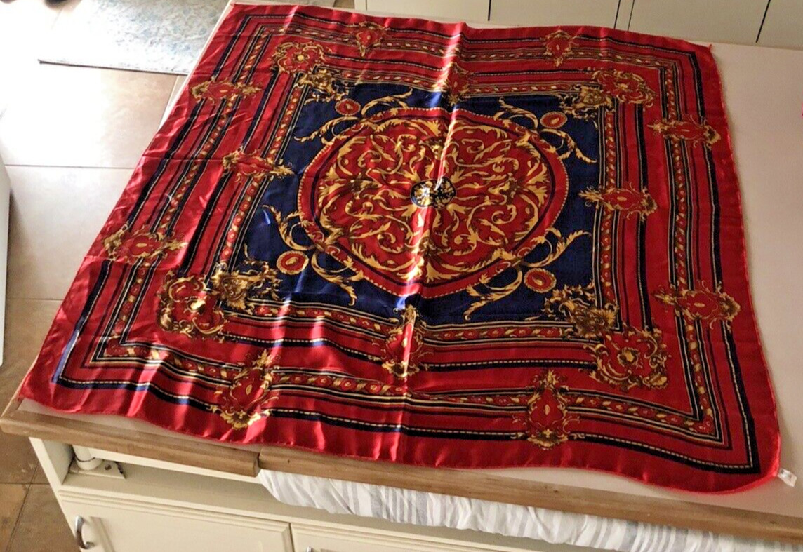 Scarf Silk Large Red Gold Navy  Batik Style 40x40… - image 1