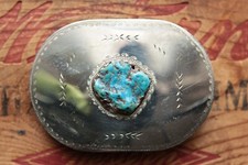Vintage Hand Made Turquoise Nugget Nickel Silver Western Belt Buckle