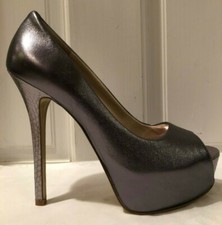 Nine West Cinched Platinum Leather Peep Toes Women's Pumps w Snake Heel Size 7.5