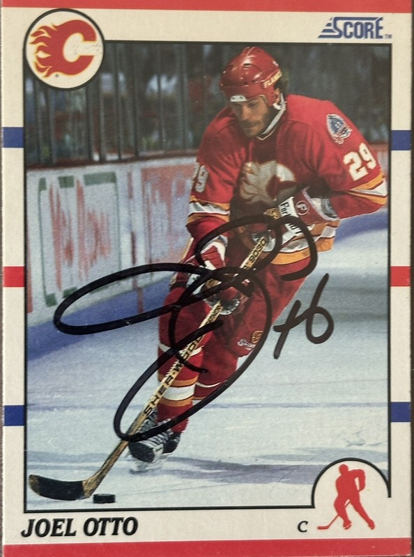 Autographed 1990 Score Joel Otto Calgary Flames hockey card (#128)