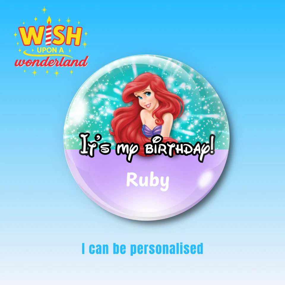 Insignia Botón Cumpleaños Personalizada Inspirada en Princesas Disney Ariel Sirenita Foto 2 de 4