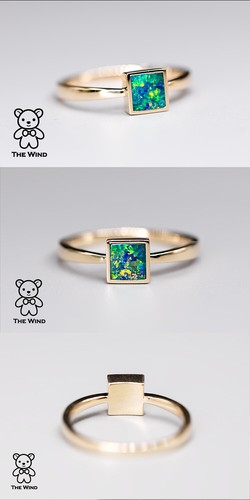 Quadratischer australischer Doublet Opal Ring 14K Gelbgold minimalistisches Band - Bild 5 von 9