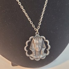 Vintage Egyptian Pharaoh Silver toned Pendant Necklass Classic Statement