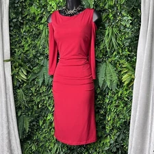 SHELBY & PALMER Dress Women Medium Red Ruched Cold Shoulder Sleeve Midi 2117