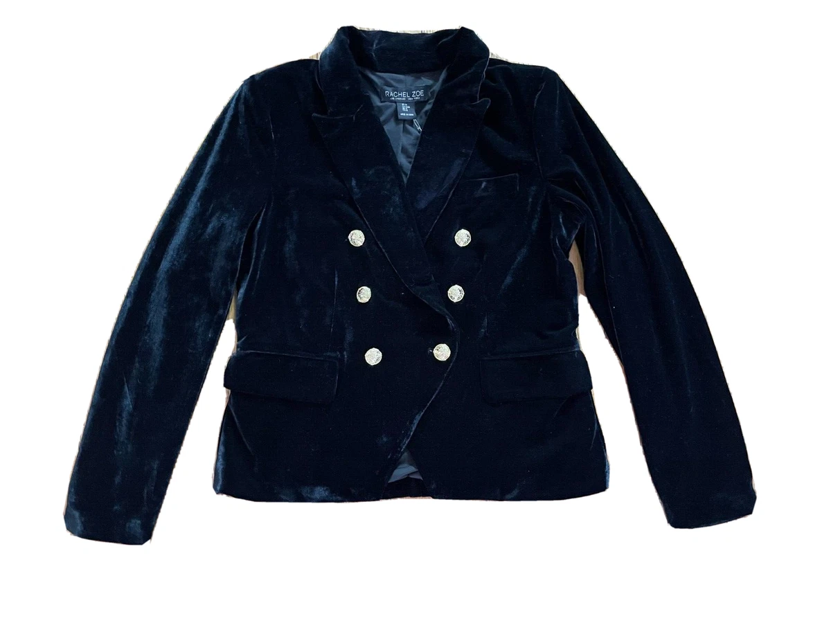 NWT Rachel Zoe Black Velvet Velour Gold Button Short Peacoat Blazer Jacket M