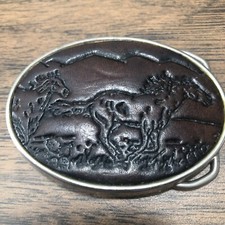 Vintage Embossed Leather Belt Buckle Running Horse Stallion Made USA