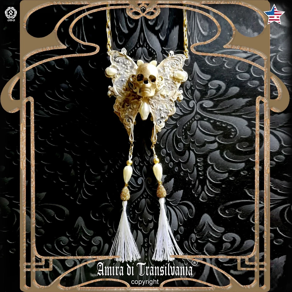 Joyería de lujo gótico art deco nuevo collar colgante calavera polilla mariposa babero Foto 2 de 4