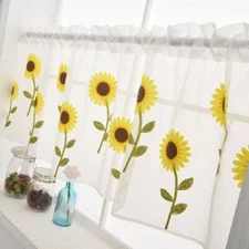 Kitchen Cafe Sheer Short Curtain Embroidered Sunflower Half-Curtain Window Panel