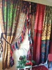 2 Pcs Indian Sari Patchwork Curtain Drape Window Decor Multi Silk Sari Curtain