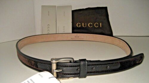 $385 NEW GUCCI Men 36 IN 90 CM Black Brown Velvet Leather Logo Buckle Dress Belt - Afbeelding 1 van 9