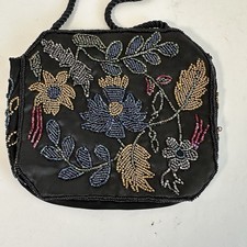 Vintage Inspired Beaded Floral Evening Shoulder Bag Purse Black Satin
