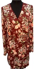 Xhilaration Dress Women's Size XL Burgundy Floral Print Long Sleeve Front Tie
