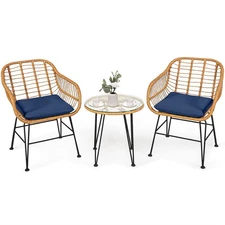 Patiojoy 3PCS Patio Rattan Bistro Furniture Set Cushioned Chair Table Navy