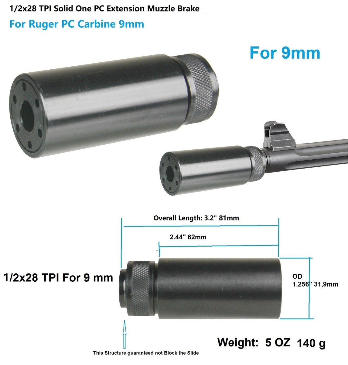 All 9mm 1/2x28 TPI Low Concussion Solid One PC Barrel Extension