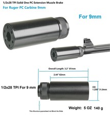 All 9mm 1/2x28 TPI Low Concussion Solid One PC Barrel Extension Muzzle Brake