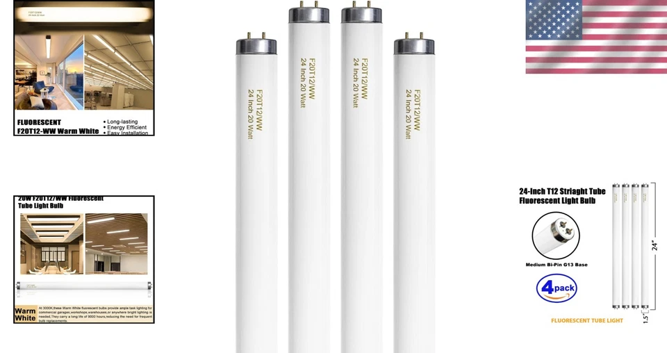 20W 24 Inch T12 Soft White Fluorescent Bulb - 4 Pack G13 Energy Efficient - Image 2 of 4
