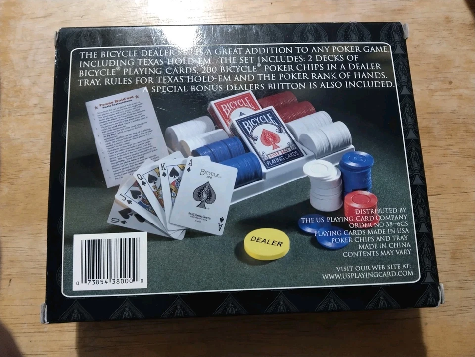 Bicycle Poker & Dealer Set  2 Decks Cards 200 Poker Chips NEW Box is worn some  - Image 2 of 4