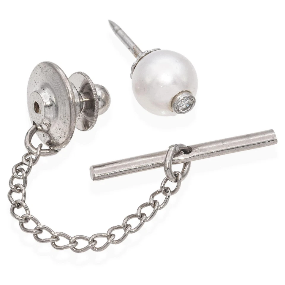 Corbata vintage de oro blanco de 14K con perlas y diamantes Foto 4 de 4