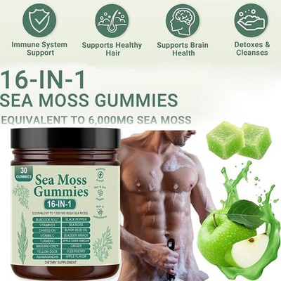 16 in 1 Organic Sea Moss Gummy | Irishmoss Extract 6000Mg | Green Apple Flavor