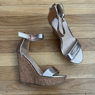 Shoedazzle Dalia Metallic Cork Wedge Heels - Size 6