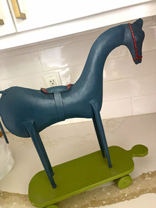 Vintage Wooden Horse Pull Toy on Wheels, Blue & Green, Ages 1-2 & 4-7