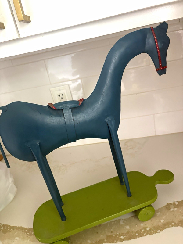 Vintage Wooden Horse Pull Toy on Wheels, Blue & Green, Ages 1-2 & 4-7