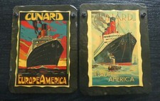 Pair Cunard art deco ads. on slate. Vintage Flint Cottage Craft. Wall Hanging.