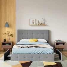 Queen Size Platform Bed Frame with 4 Drawers & Adjustable Headboard, Light Grey