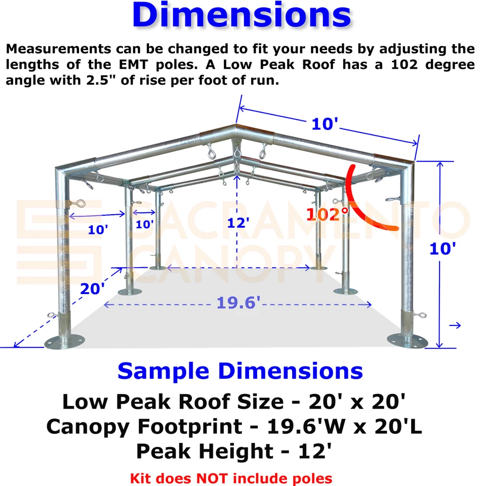 Low Peak Canopy Fittings Kits (20' Wide Width), DIY Carport & Greenhouse, 1-1/2" - Image 3 of 4