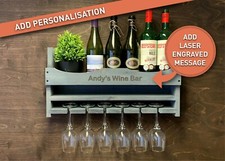 Wine Shelf Rack Rustic Grey Wooden - Bottle & 6 Glass Holder Home Bar (6GR)EM