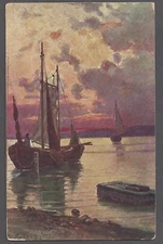 SAILOR ON MOORED BOAT Postcard Universal Postal Union Russia Art