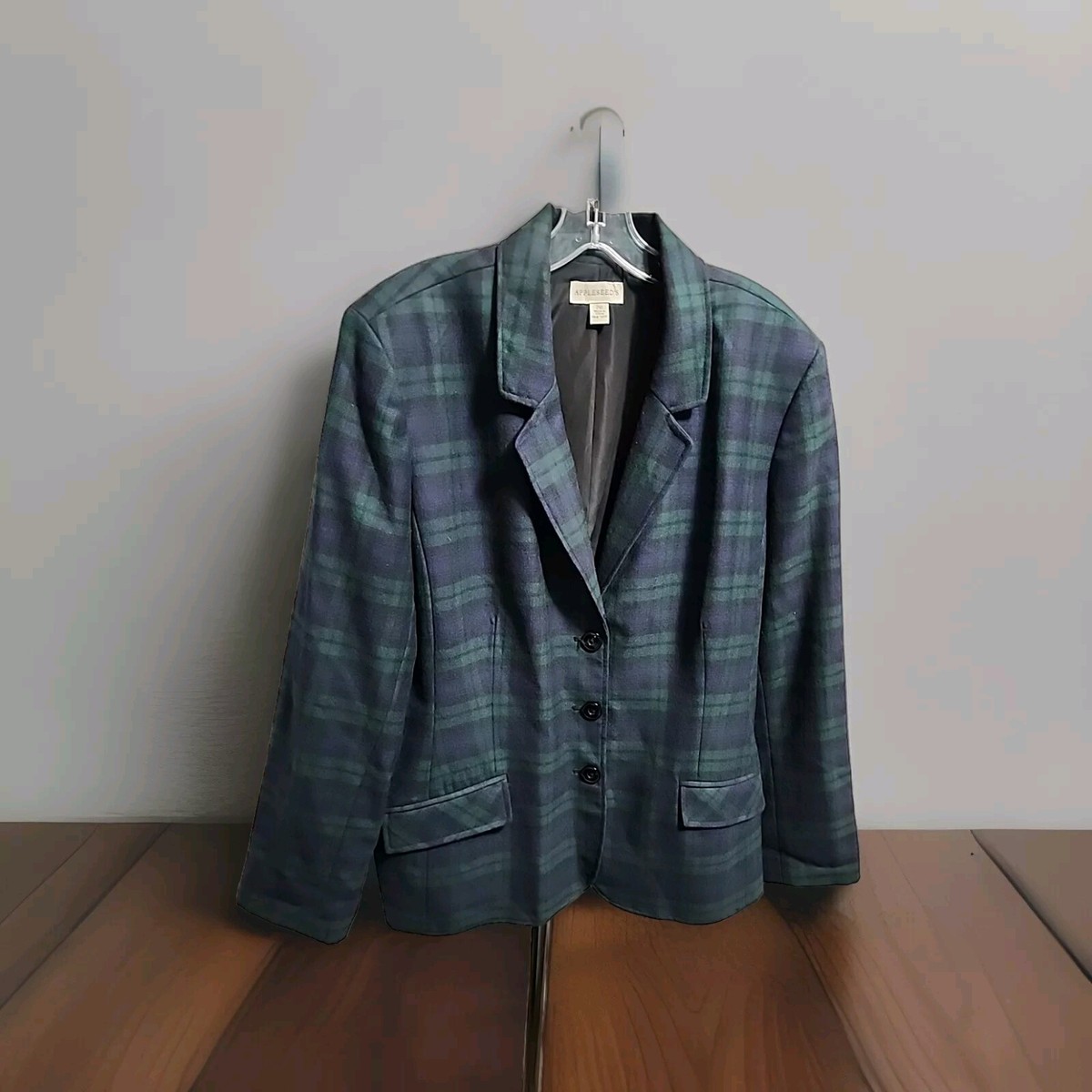 Appleseeds Womens Blue Green Wool Blend Tartan Plaid blazer Jacket