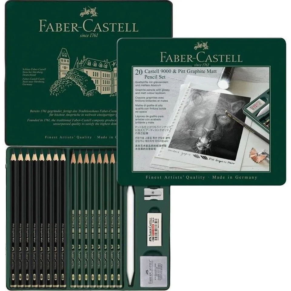 NEW Faber-Castell Set Pitt Graphite Matt Pencils, Eraser, Castell 9000 Tin of 20