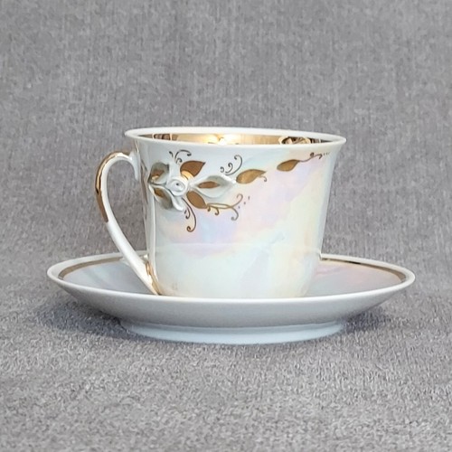 Vtg Fenix Calla Lily 3D Demitasse Teacup And Saucer Gold Edged Irredescent - Picture 2 of 12