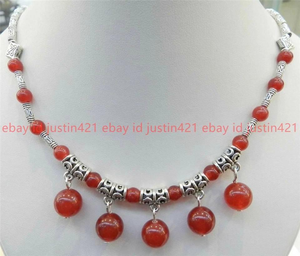 HERMOSOS COLGANTES DE CUENTAS REDONDAS DE JADE ROJO NATURAL Y COLLAR DE PLATA TIBET 18" Foto 3 de 4