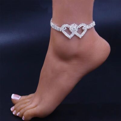 Double Heart Anklet Bracelet Bling Crystal Ankle Bracelet Love