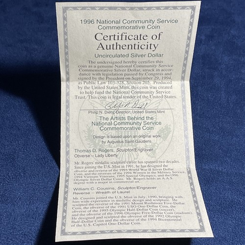 1996 US Mint National Community Service Silver Dollar BU Coin W/ OGP & COA- Z376 - Picture 6 of 10