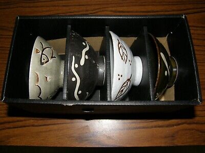 4862) 1 Set: 4 Japanese Saki Bowls In Original Divided Box Kafun 
