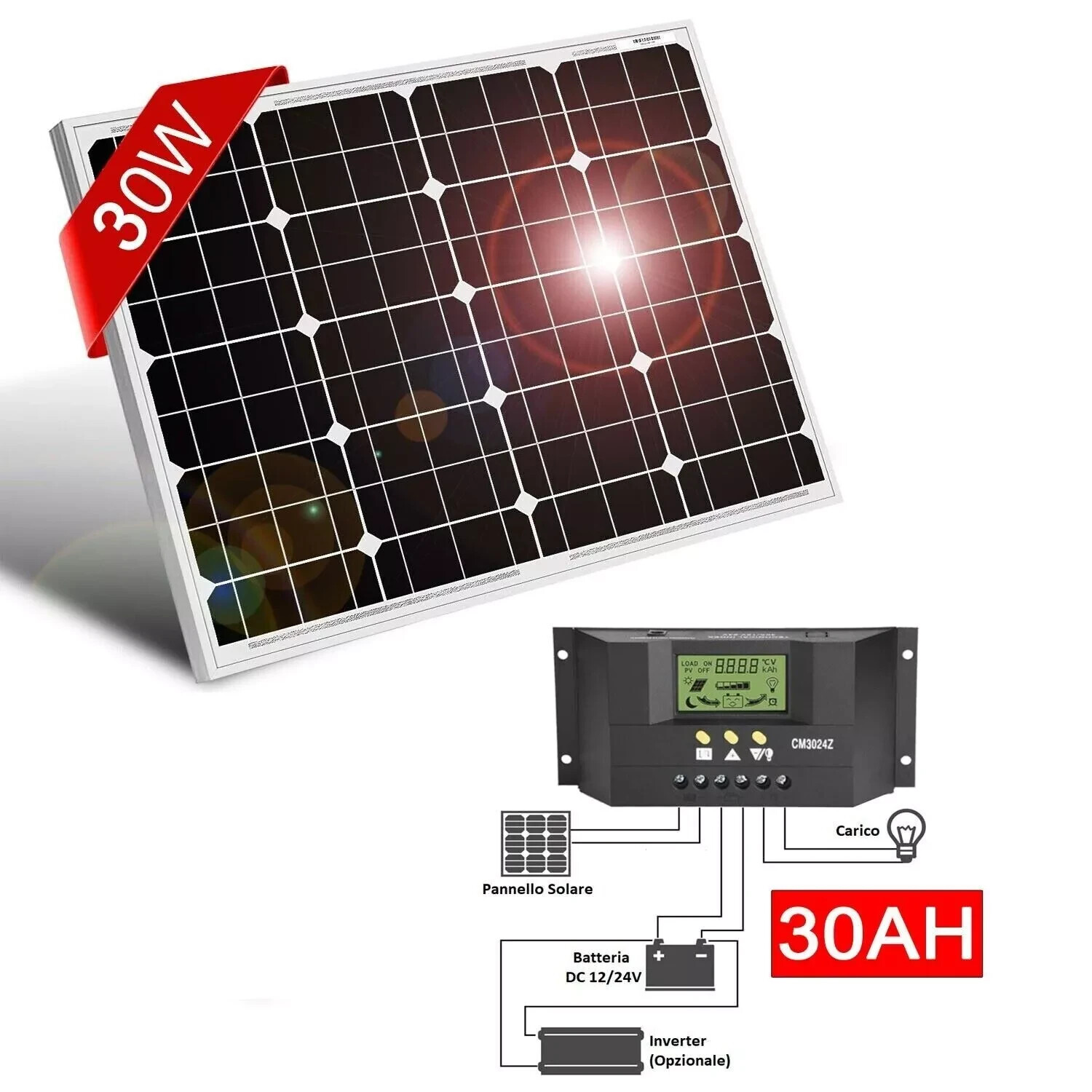 Kit Solare Fotovoltaico A.R. 30W 12V per Camper e Nautica