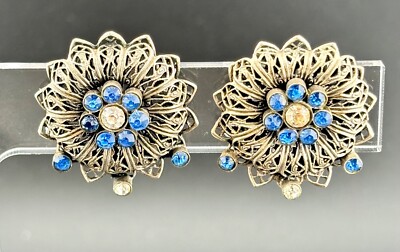 Vintage Silver-Tone and Blue/Clear Rhinestone Cilp-On Earrings