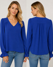 Trina Turk Jana Top NWT Women's Small Blue V-Neck Long Sleeve Blouse