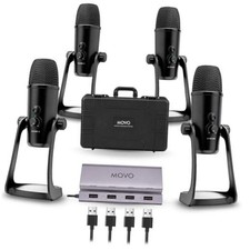 4-Person USB Podcast Equipment Bundle - 4 Condenser Mics, Hub  Case - Black